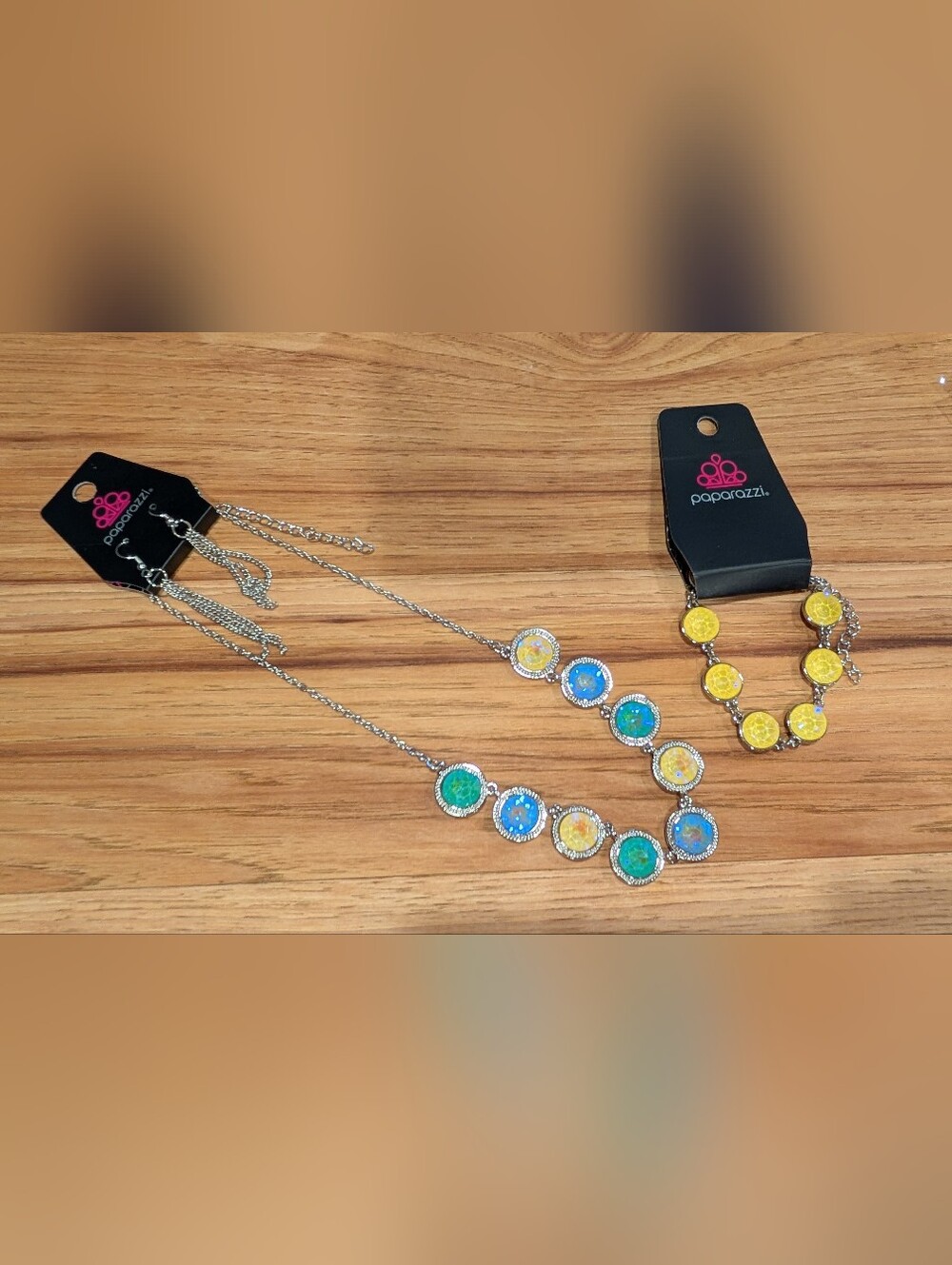 paparazzi Blue, Green & Yellow Multidisc Pendant Necklace And Bracelet